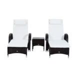 Set mobilier Gradina din Ratan cu 2 Scaune Sezlong Pliabile Captusite cu Roti si Masuta, 200??73??103cm Culoare Maro| Aosom.ro
