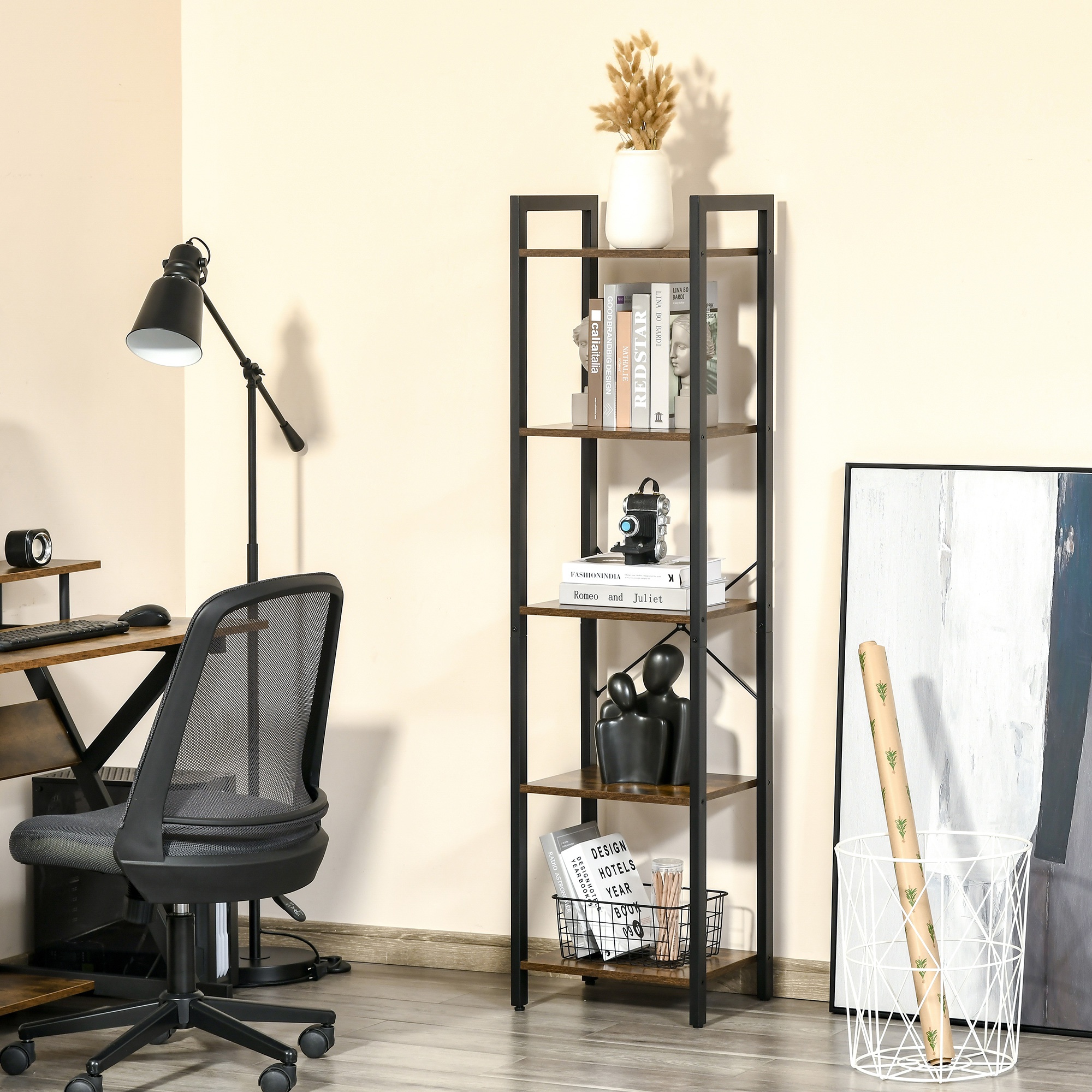 kTbd5117e5e779506 HOMCOM Biblioteca stil industrial a cu 5 rafturi, mobilier biblioteca din lemn si otel pentru casa, birou si studio, Maro rustic - imagine 1