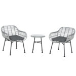 Set Mobilier de Gradina din Ratan PE de 3 Piese, Salon in Aer Liber cu 2 Scaune si Masa cu Blat de Sticla pentru Terasa si Bistr?ý, Gri