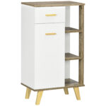 kleankin Dulap de baie modern cu dulap, sertar si rafturi din lemn, dulap multifunctional cu baza inaltata