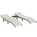 Set Mobilier Gradina cu Masuta si 2 Sezlong Pat de plaja in PE Rattan cu Perne Detasabile, 102x19x60cm Culoarea Maro Crem | Aosom.ro