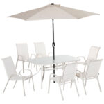 Set de Mobilier de Gradina 8 Piese, Masa de Gradina cu Scaune, Umbrela de Soare cu Inclinare Reglabila, Aluminiu, Alb Crem