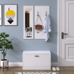 Set 3 Piese Suport pantofi Suport haine Oglinda pentru Hol sau Dormitor, din Lemn, 80x27x46,5cm, Alb