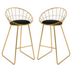 Set 2 Scaune Inalte, Suport pentru picioare, Perna de catifea, Poliester/Metal, 52.5x47x97cm, Negru/Auriu
