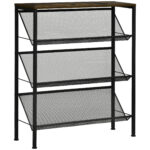 Dulap pentru Pantofi cu 3 rafturi si polita, din otel si PAL, 70x26x89 cm, negru