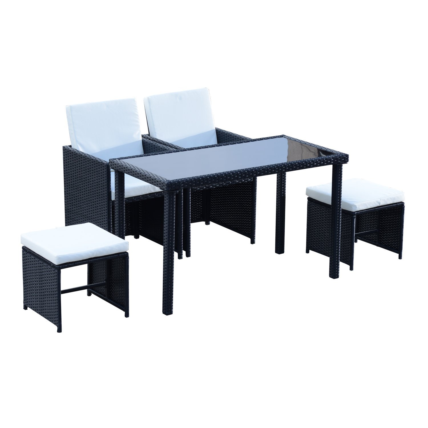 ySA25717e5f65a81b Set Mobila de Gradina Rattan 5 Buc Masa 2 Scaune 2 Taburet cu Perne Combinate Rectangulare, Negru - imagine 1