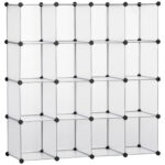Mobilier pentru incaltaminte modular, 16 cuburi 30x30x30cm din plastic PP si otel , transparent
