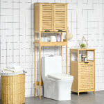 Kleankin Mobilier de baie din Bambus si MDF, Raft pentru Masina de Spalat, 60x23x173cm