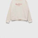 Pepe Jeans hanorac de bumbac pentru copii Rose culoarea bej, cu imprimeu