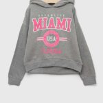 OVS bluza copii culoarea gri, cu gluga, cu imprimeu