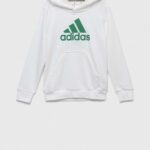 adidas bluza copii U BL culoarea alb, cu gluga, cu imprimeu