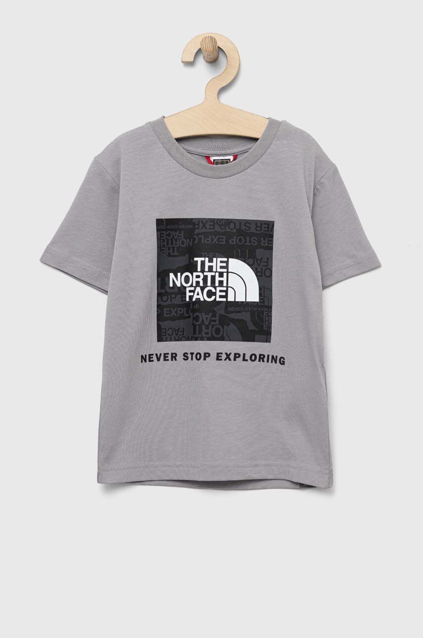SS23-TSK0B5-90X_F1 The North Face tricou de bumbac pentru copii culoarea gri, cu imprimeu - imagine 1
