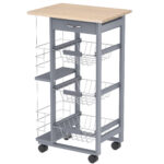 Carucior de Bucatarie cu 3 Sertare Detasabile, un Sertar si 2 Suporturi Sticle, din Lemn de Pin si Metal, 47x37x83cm Stejar si Gri | Aosom RO