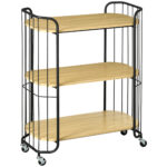 Carucior de Bucatarie Multifunctional pe 3 Niveluri, PAL si Otel cu Maner si 4 Roti, Lemn natur 79x38x95cm | Aosom RO