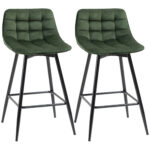 Set de 2 scaune de bar cu spatar, tapitate, stil nordic, metal, catifea, verde, 45x47x88cm | Aosom RO
