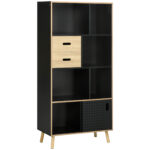 Biblioteca Moderna din MDF si PAL cu 2 Sertare si 7 Rafturi Deschise, 80x40x165 cm, Negru si Lemn natur | Aosom RO