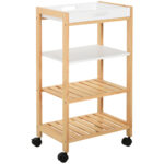 Carucior de bucatarie cu 4 nivele din MDF si lemn de pin cu 4 roti pivotante, 40x30x76 cm, alb si maro | AOSOM RO
