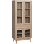 Dulap modern cu usi din sticla si sertar, dulap de bucatarie din lemn cu rafturi reglabile si baza inaltata, 76x40x183cm, culoarea lemnului