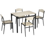 Set de masa din 5 Piese cu 1 masa dreptunghiulara 100x63x76.5cm si 4 Scaune 45x40x82cm, otel si MDF, Negru si lemn natural | Aosom RO