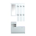 Mobila de Hol Moderna Garderoba Set Cuier, Oglinda si Dulap Pantofi 3 in 1, in Lemn Alb
