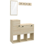 Set de Organizare a holului 3 in 1 cu Depozitare pentru 9 Perechi de pantofi cu Oglinda, Dulap, Rafturi Deschise, 4 Carlige, Natur | Aosom RO