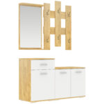 Set pentru Intrare 3 in 1 cu Cuier de Perete HOMCOM, Oglinda si Suport pentru Pantofi cu Banca din Lemn, Culoare Lemn natur si Alb | Aosom RO