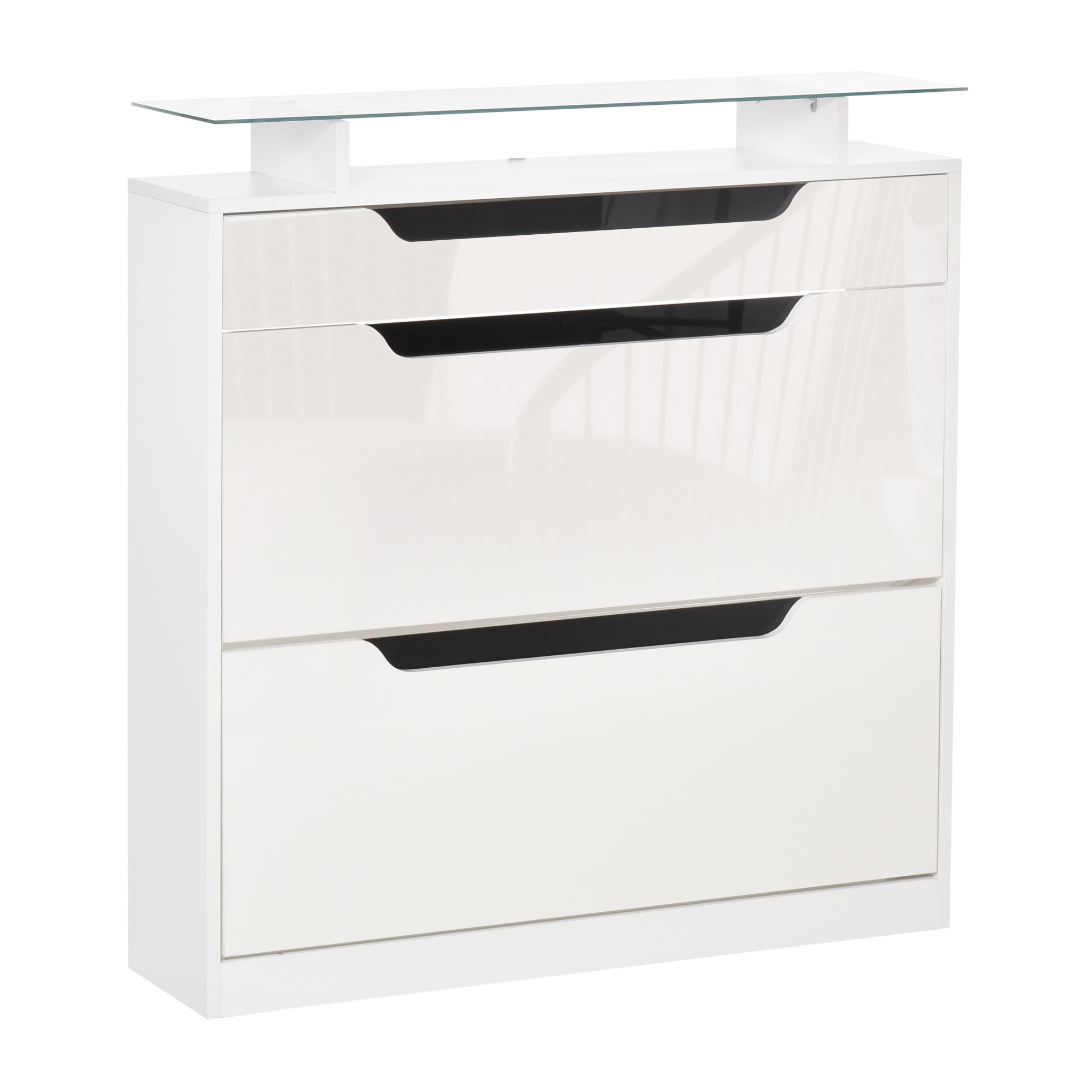 Y8Mc8b17e61c1d978 Suport de Pantofi Modern, 2 Sertare pentru 16 Perechi de Pantofi cu Etajera Reglabila si Raft din Sticla, 89x23x96cm, Alb Lucios - imagine 1