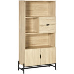 Biblioteca de Perete din MDF si Metal cu 2 Sertare, 2 Dulapioare si 4 Rafturi Deschise, 80x35x155 cm, culoare Lemn natur | Aosom RO