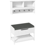 Cuier de Perete cu Banca Suport pentru Pantofi Dotata cu Cuburi de Perete, 4 Carlige si Raft Retractabil, 80x20x40 cm, Alb | Aosom RO