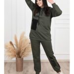 Trening Dama Marimi Mari din Bumbac cu Gluga si Bluza fara Fermoar si Inserti Negru-Kaki 2XL (44)