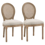 Set 2 Scaune cu Spatar Perforat Stil Vintage, Tapiterie poliester efect de In, Lemn si Panza, 49x56x96cm, Alb-Lemn | Aosom RO