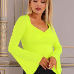 Bluza asimetrica Diandra, cu maneca tip clopot si decolteu Queen Anne, Galben