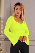 Bluza asimetrica Diandra, cu maneca tip clopot si decolteu Queen Anne, Galben