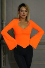 Bluza asimetrica Diandra, cu maneca tip clopot si decolteu Queen Anne, Portocaliu - imagine 2