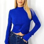 Bluza casual Claudine, cu guler inalt si detaliu impletit, Albastru