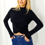 Bluza casual Claudine, cu guler inalt si detaliu impletit, Negru
