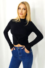 Bluza casual Claudine, cu guler inalt si detaliu impletit, Negru