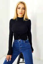 Bluza casual Claudine, cu guler inalt si detaliu impletit, Negru - imagine 2