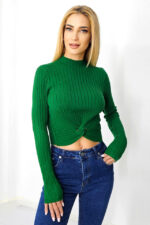 Bluza casual Claudine, cu guler inalt si detaliu impletit, Verde