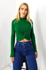 Bluza casual Claudine, cu guler inalt si detaliu impletit, Verde - imagine 2