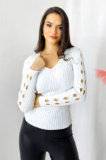 Bluza casual Darina, model decupat cu perle artizanale, Alb, Marime S/M