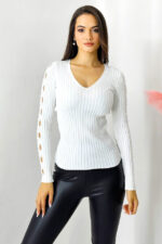 Bluza casual Darina, model decupat cu perle artizanale, Alb, Marime S/M - imagine 2