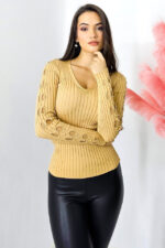 Bluza casual Darina, model decupat cu perle artizanale, Crem, Marime S/M - imagine 2