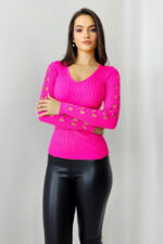 Bluza casual Darina, model decupat cu perle artizanale, Fucsia, Marime S/M