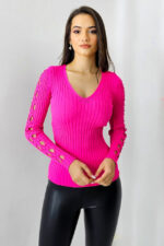 Bluza casual Darina, model decupat cu perle artizanale, Fucsia, Marime S/M - imagine 2