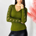 Bluza casual Darina, model decupat cu perle artizanale, Verde kaki, Marime S/M