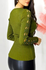 Bluza casual Darina, model decupat cu perle artizanale, Verde kaki, Marime S/M - imagine 2