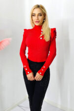 Bluza casual Elisa, cu nasturi decorativi si volane ample, Rosu, Marime S/M