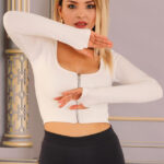 Bluza crop Catryna, cu fenta pentru deget si fermoar, Alb