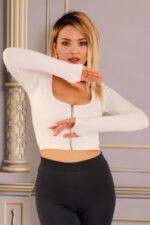 Bluza crop Catryna, cu fenta pentru deget si fermoar, Alb